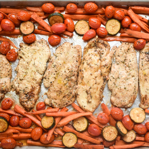 seasoned chicken on a pan with vegetables