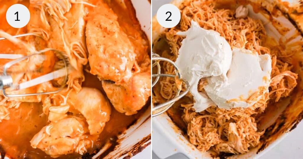 Two images showing how to mix the Frank’s Red Hot Buffalo Chicken Dip.